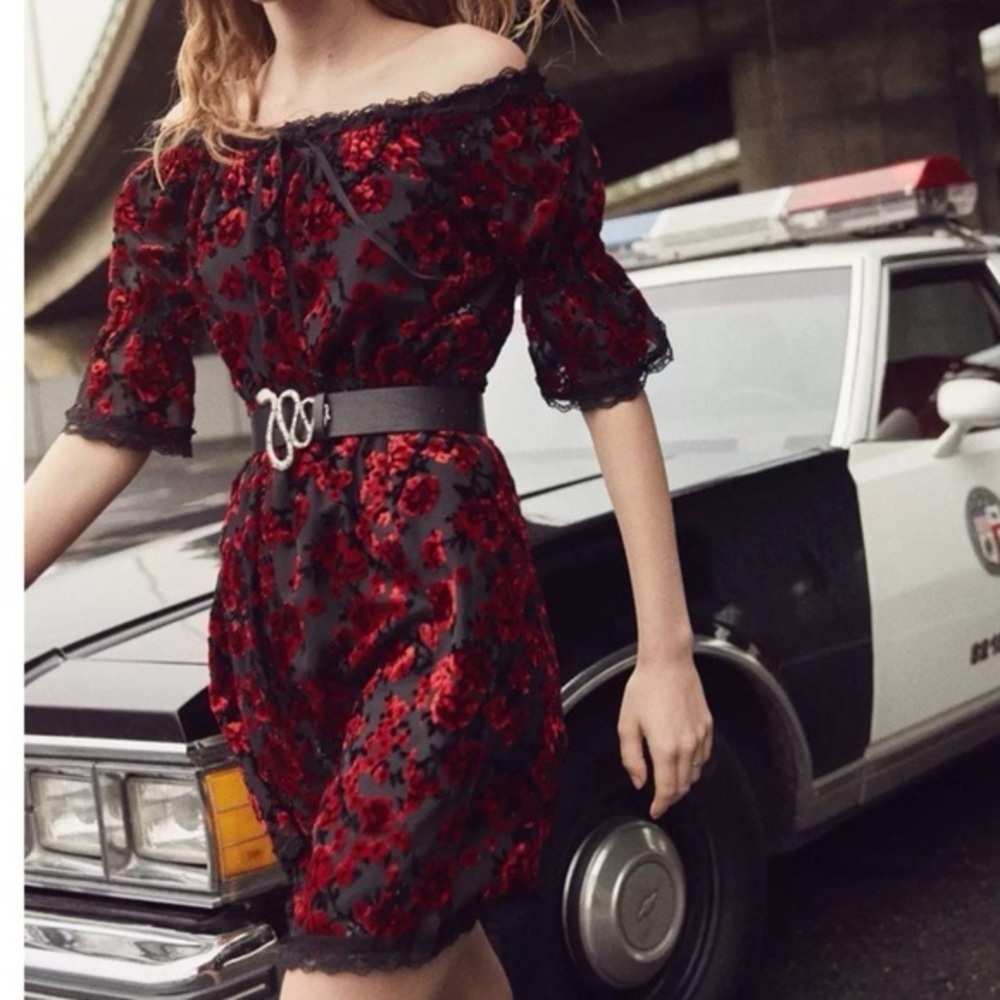 THE KOOPLES MOONLIGHT X REVOLVE Red Floral burnout devoré Velvet mini Dress sz 2